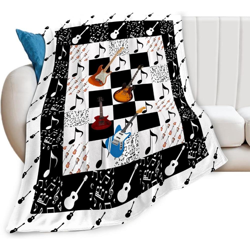 Cool Guitar Throw Blanket with Music Notes, Super Soft Cozy Plush Fuzzy Fleece Bedding Blanket Decor for Kids Girls Boys Adults