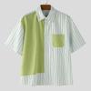INCERUN Men Striped Shirts Casual Short Sleeve Patchwork Buttons Up Tops