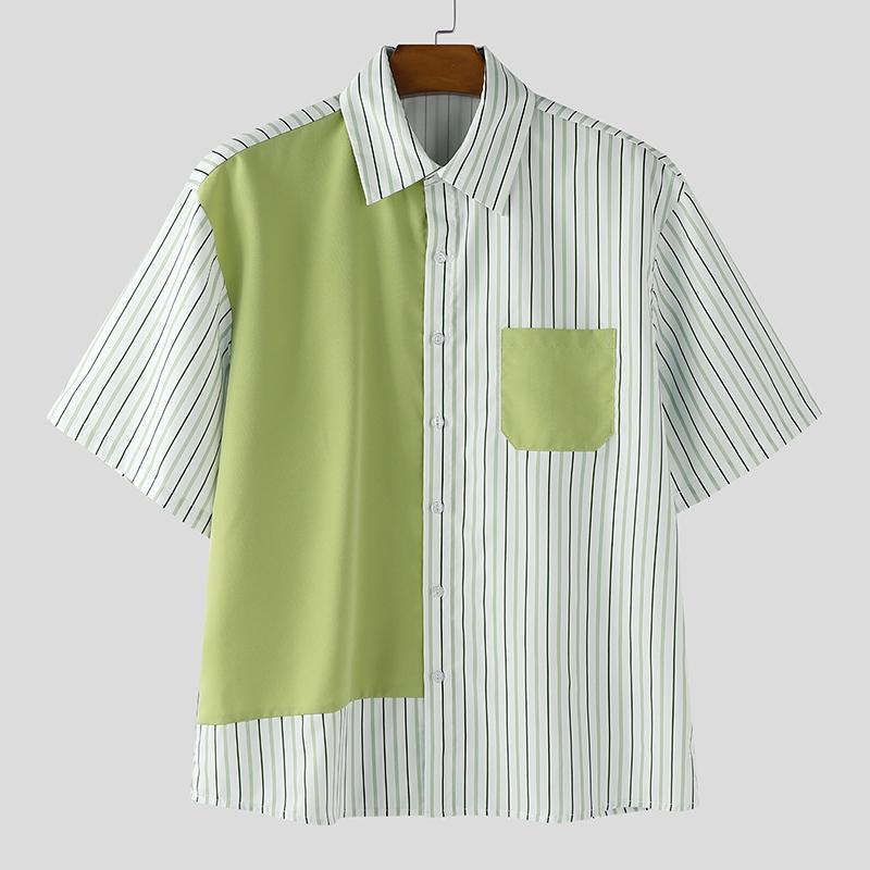 INCERUN Men Striped Shirts Casual Short Sleeve Patchwork Buttons Up Tops
