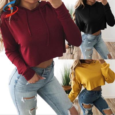 Sudaderas Cortas de Manga Larga con Capucha para Mujer, Color Sólido, con Correa y Ombligo Descubierto