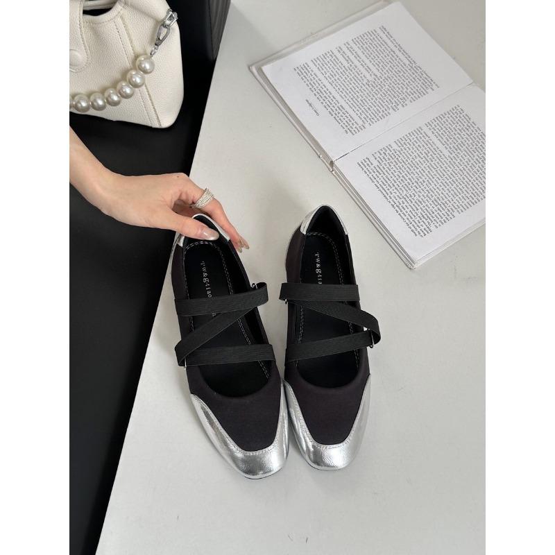 Flat shoes women's square head new spring and autumn light mouth Mary Jane ballet shoes elastic band silver soft sole single shoes