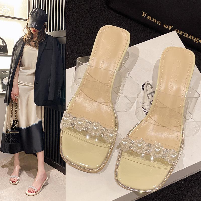 Fashion Shoes Women Glitter Slides Square heel Slippers Heels Med Low Pantofle Soft Jelly Block High Transparent Summer 2025 PU PVC Rub