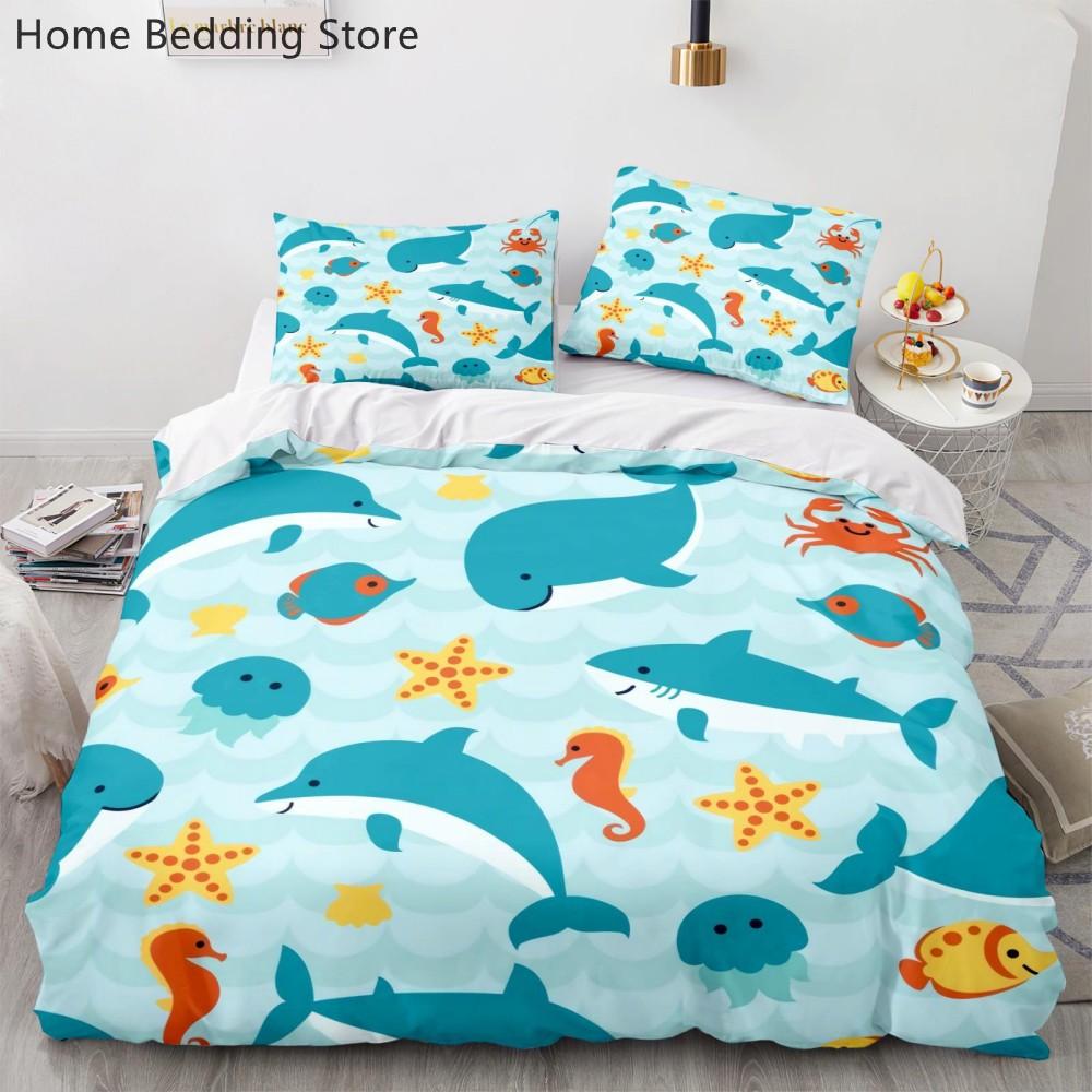 Cartoon Sea Animals Bedding Sets Soft Polyester Kids Boys Bed Linen Queen King Full Single Size Dinosaur Duvet Cover Sets Gifts