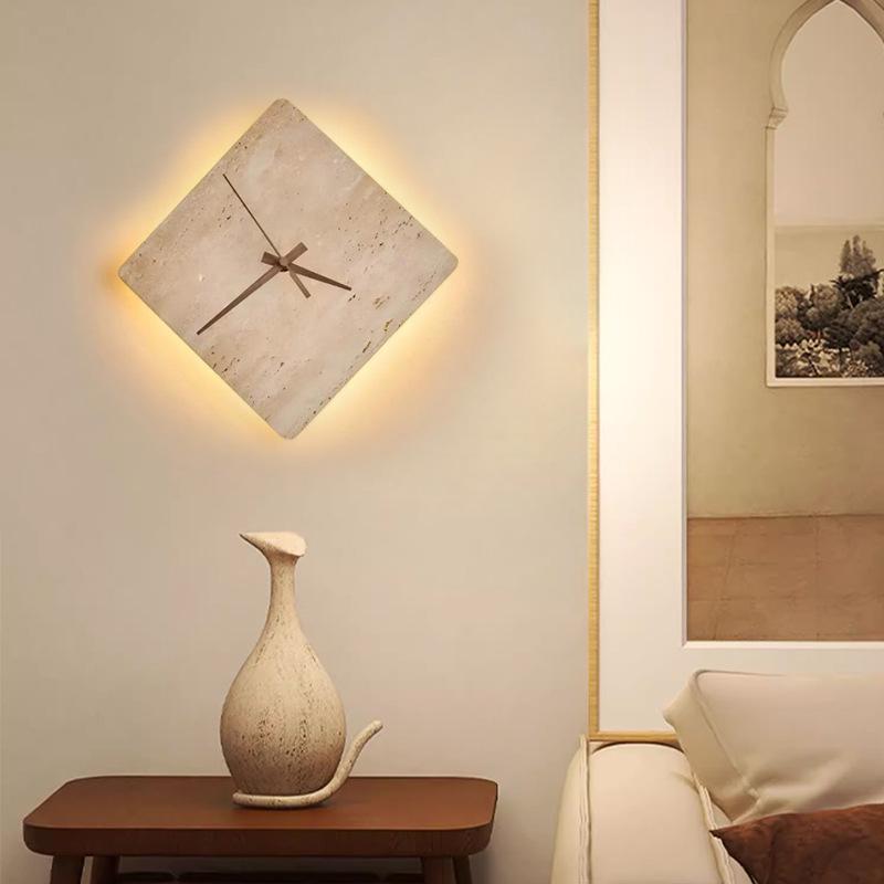 Japanese Wabi-Sabi Yellow Stone Clock & Wall Lamp for Homestay or Hotel Bedroom Corridor
