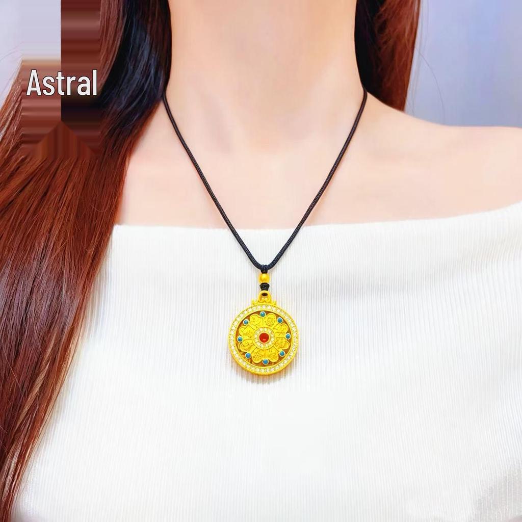 Rotatable Eight Treasures Compass Pendant Necklace: Sand Gold, Enamel Green & Turquoise for Women - Ideal Gift for Girlfriend