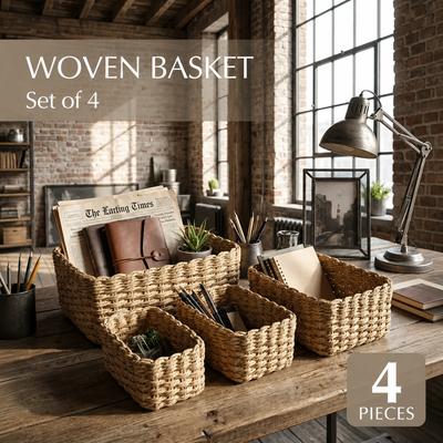 Rustic Woven Paper Rope Storage Bin Set, Odor-Free Lightweight Nesting Baskets, Multipurpose Home Organizer For Bedroom Bathroom Kitchen