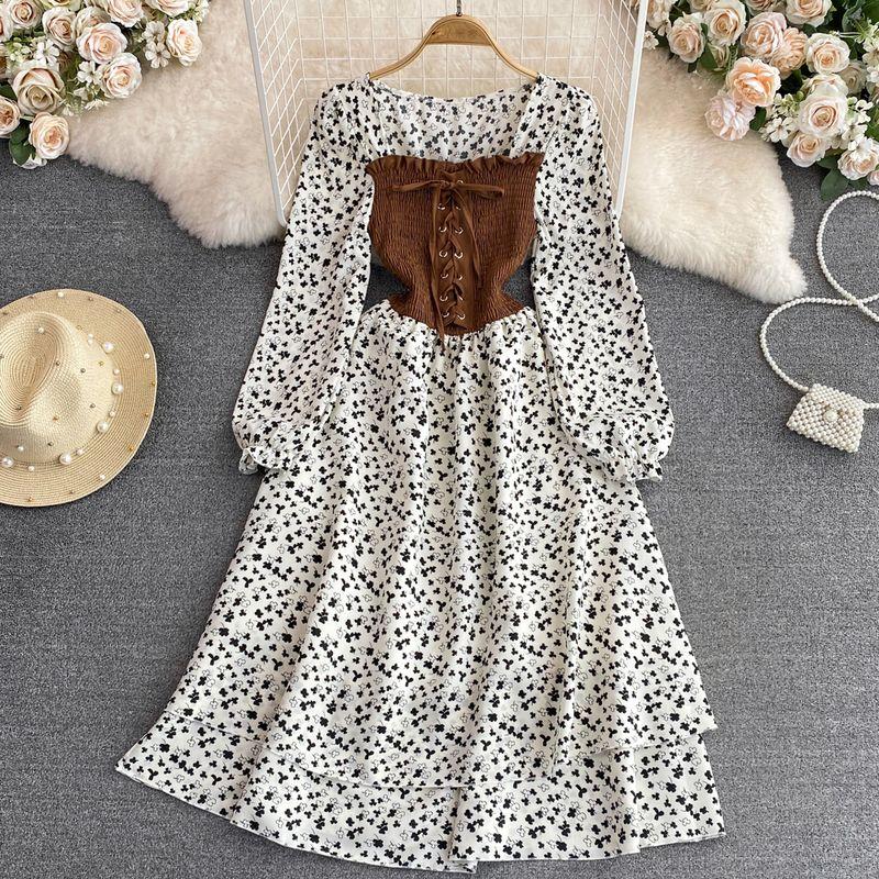 

Fresh Korean Style Anti-Aging Square Collar A- line Floral Skirt White One size