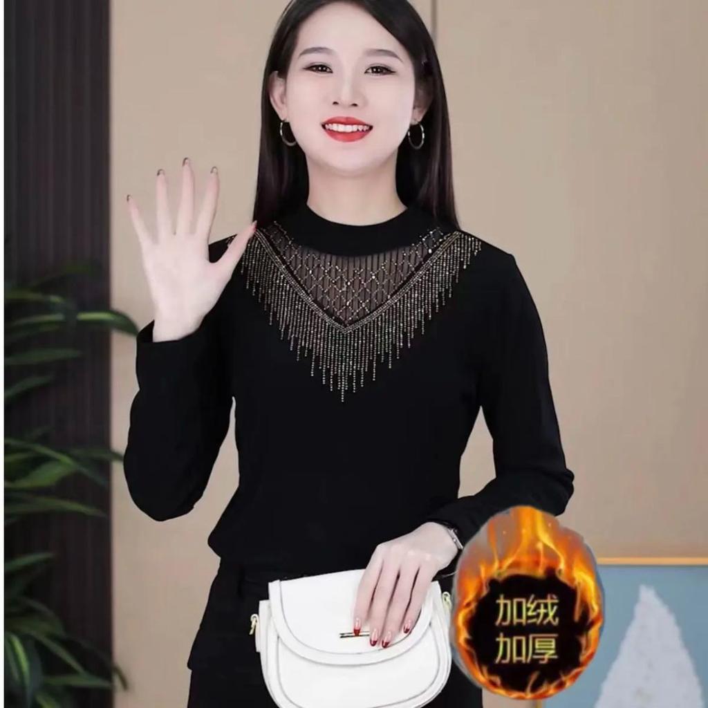Fleece Thickened Semi-turtleneck Thermal Bottoming Shirt 2025 Spring, Autumn and Winter New Lace Slim T-shirt Women