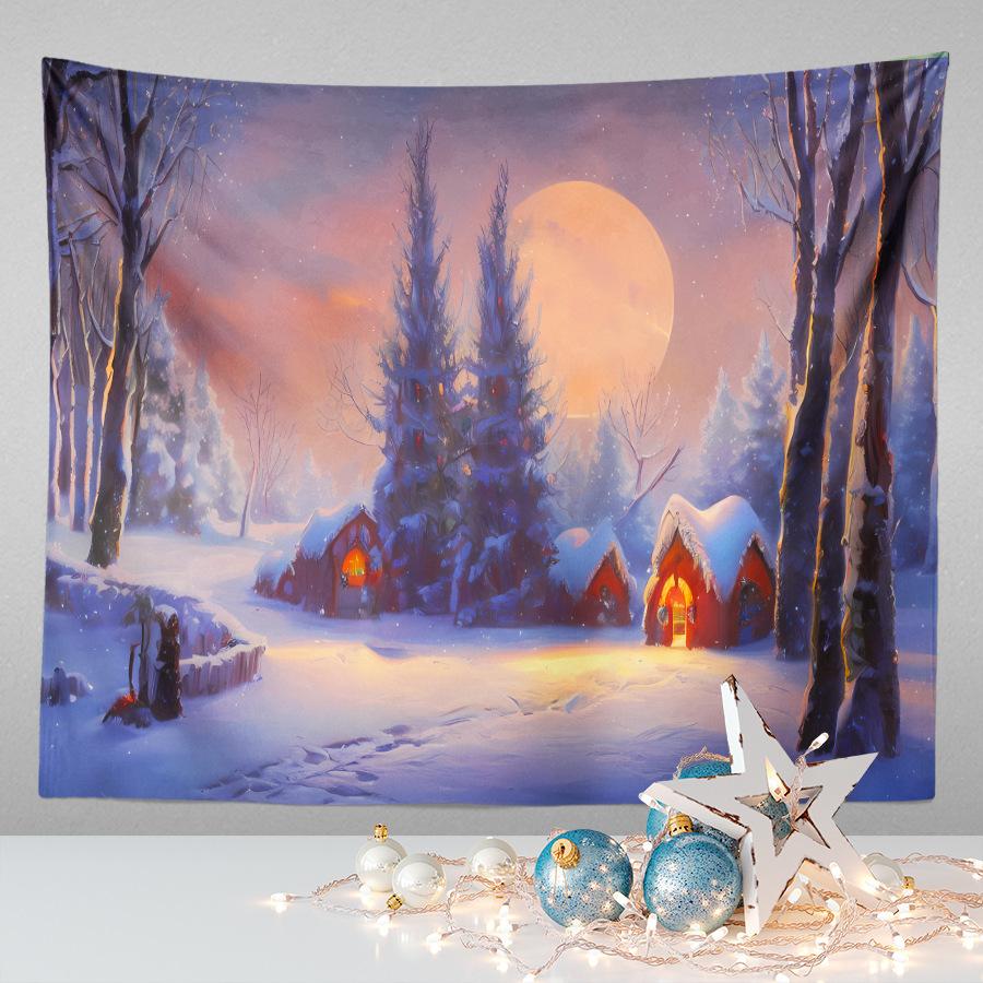 Amazon Festive Hanging Cloth Christmas Background Cloth Printed Cartoon Christmas Tree Snowman Tapestry