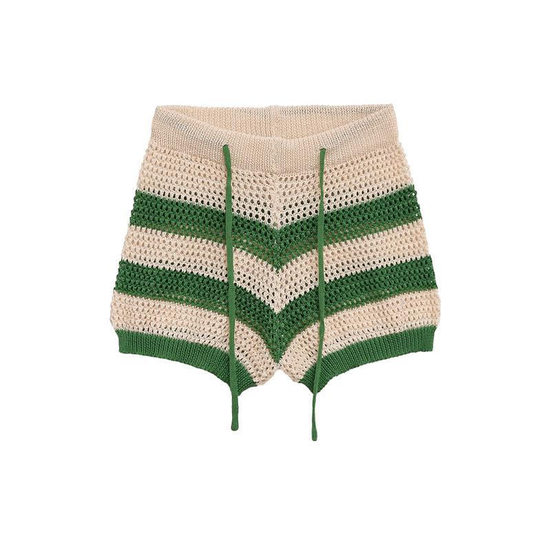 European Style Women s Striped Knit Cardigan & Shorts Set with POLO Collar S