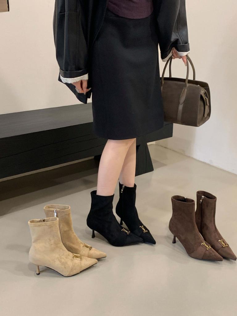 2025 Autumn and Winter New Retro High-heeled Short Boots Women's Thin-heeled Metal Buckle Martin Boots Suede Temperament Elastic Thin Boots
