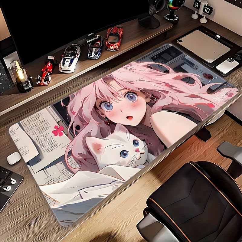 Large Mouse Pad with Cat and Girl Character Durable Rubber Stitched Suitable for Home and Gifts Pink-Haired Design, Non-Slip Material, Edges, Office,