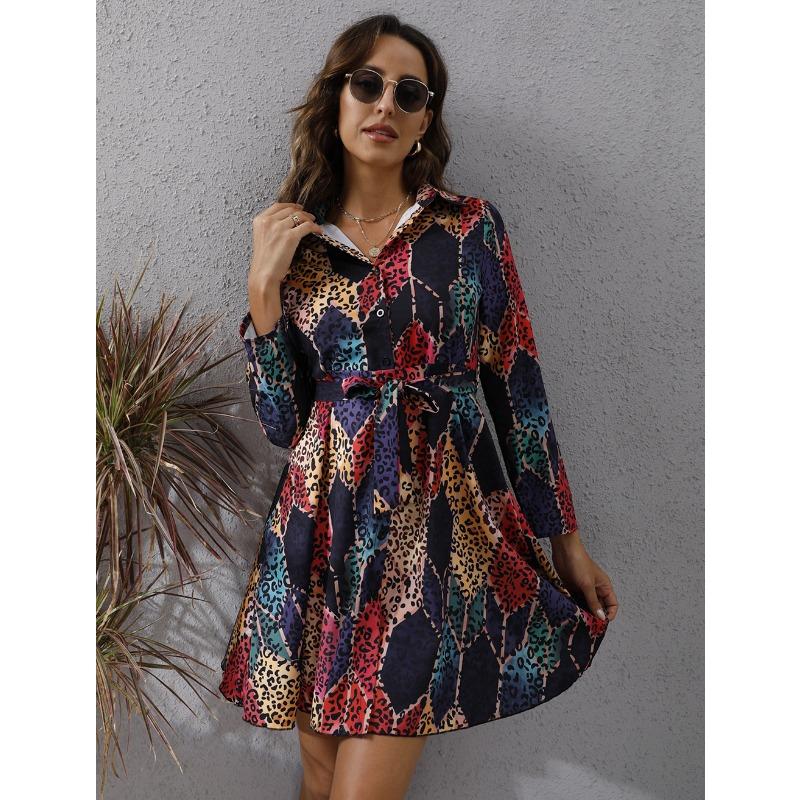 

Осеннее однобортное платье с геометрическим узором и шнуровкой, с длинными рукавами 2XL цветной печати леопарда/чёрный