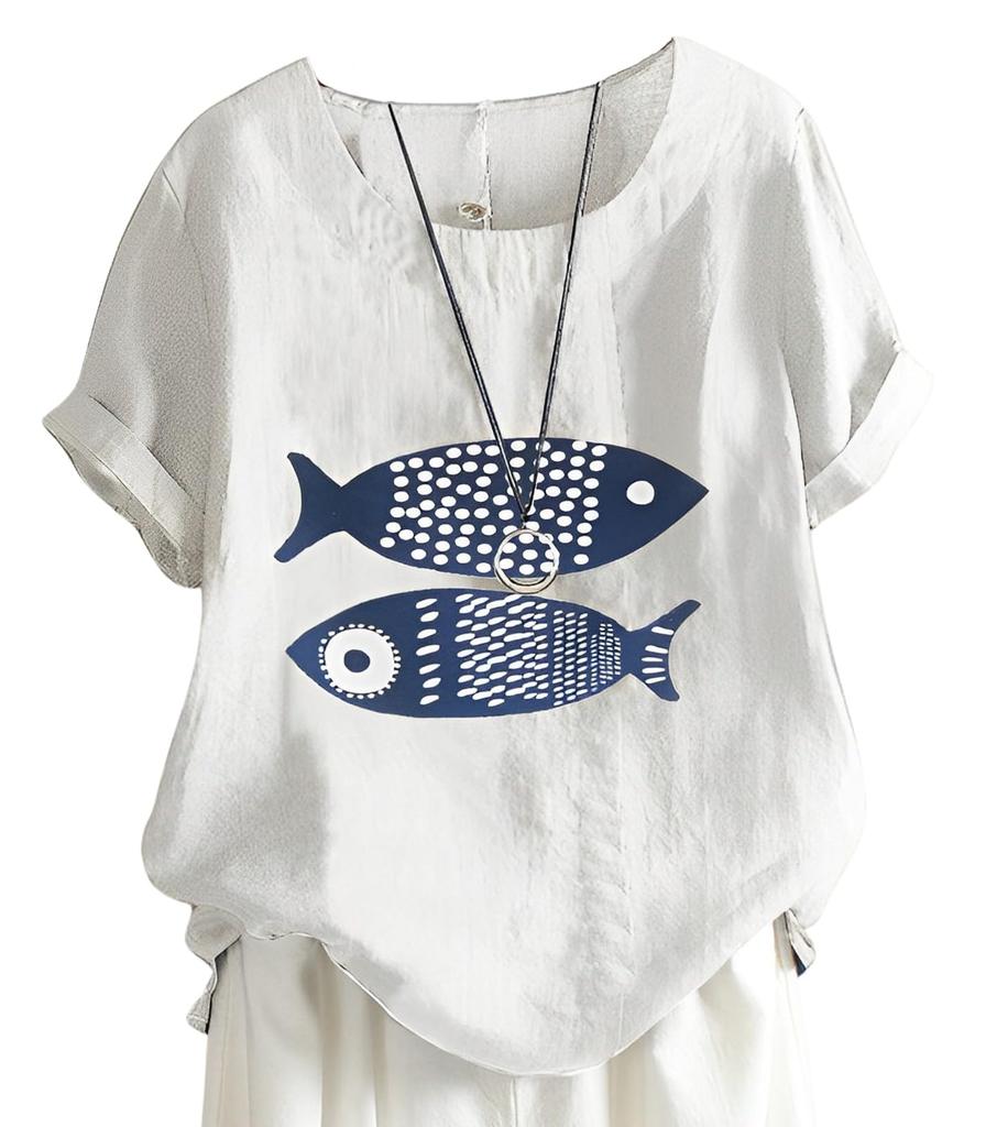 Second Roots Fish Print Summer Fish Short Loose Plus Perfect for and Office Single Plus Blouse, Women's, Top, Pattern, Sleeve, Fit, Sizes, Stylish,