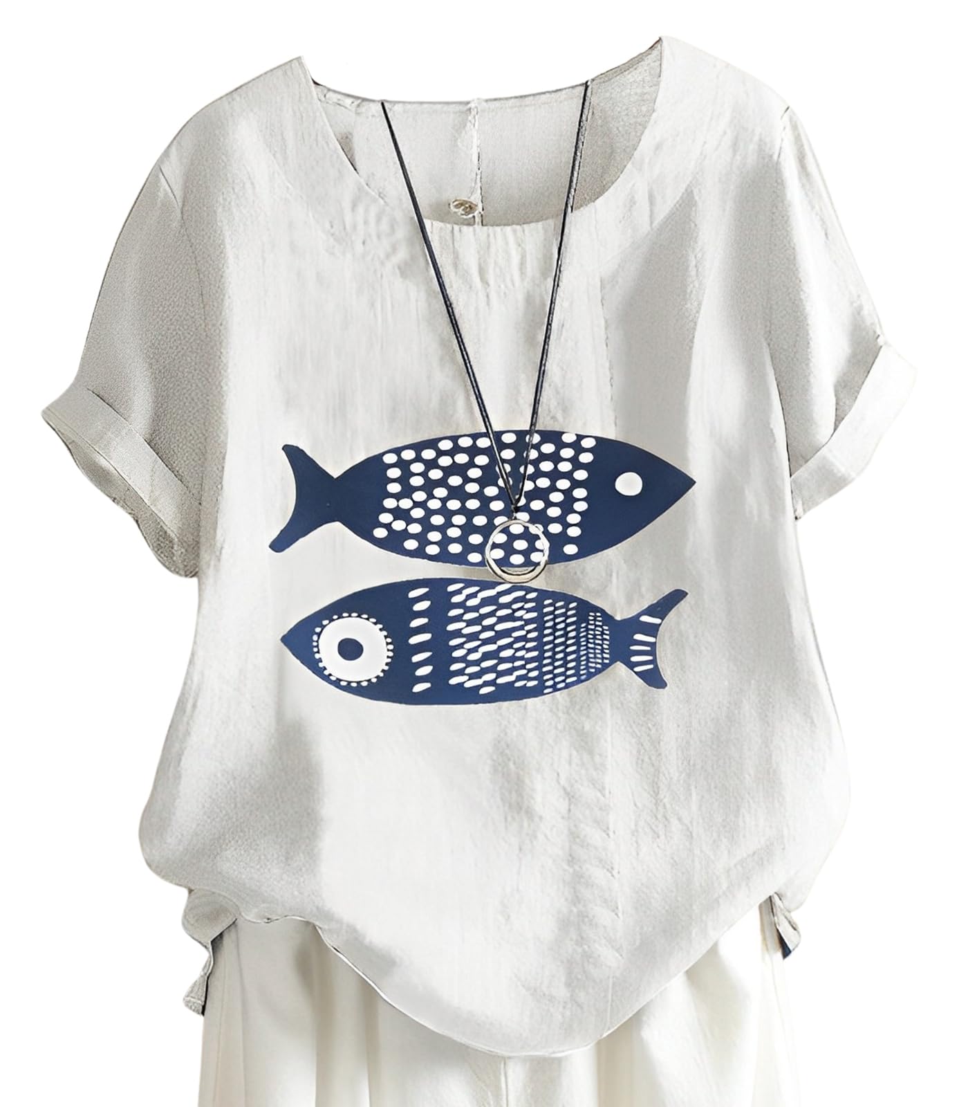 

Second Roots Fish Print Summer Fish Short Loose Plus Perfect for and Office Single Plus Blouse, Women s, Top, Pattern, Sleeve, Fit, Sizes, Stylish, белый