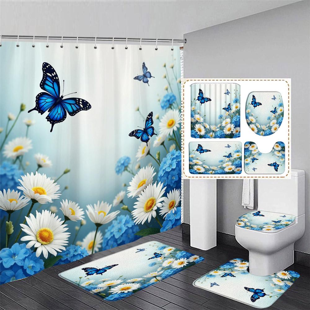 Floral Blue Butterfly Shower Curtain Set Purple Flowers Plant Butterflies Pattern Home Bathroom Decor Bath Mats Toilet Lid Cover