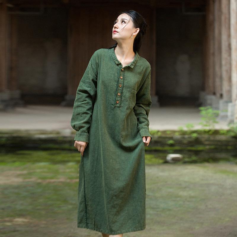 Johnature Women Vintage Shirtdress Turn-down Collar Long Sleeve Autumn Solid Color A-Line Dress