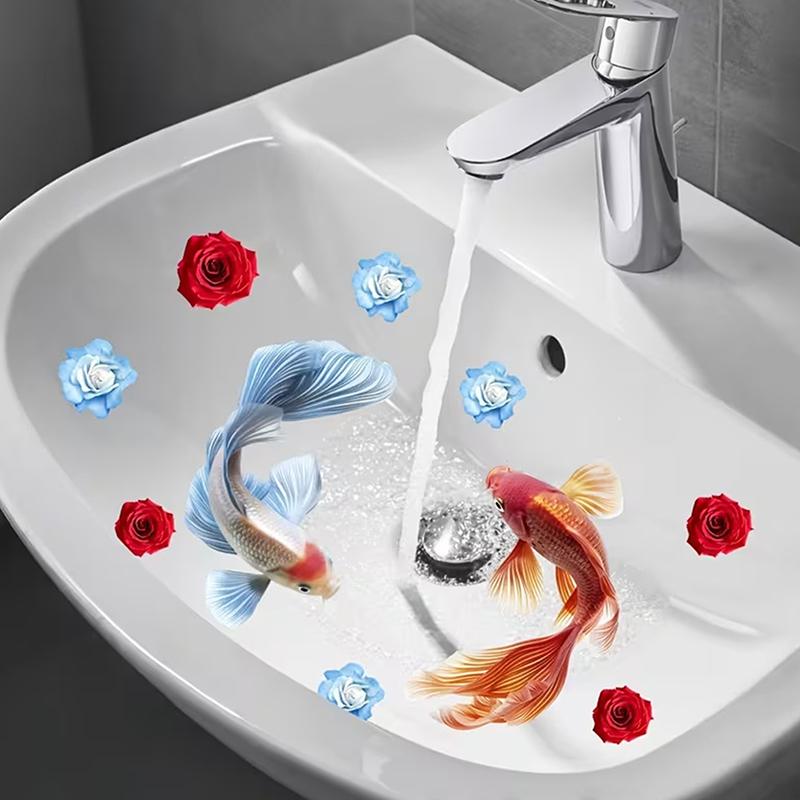 Lucky Koi And Floral Washbasin Sticker Self-Adhesive Waterproof Removable Bathroom Sticker, Wall Bathroom Sink Decal Home Decor
