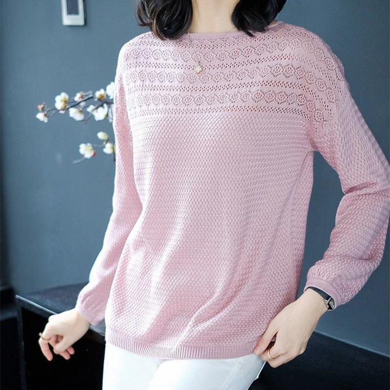 Blusa Feminina de Tricô Vazado Fina Primavera e Outono Feminina Manga Longa Suéter Solto para Vestir
