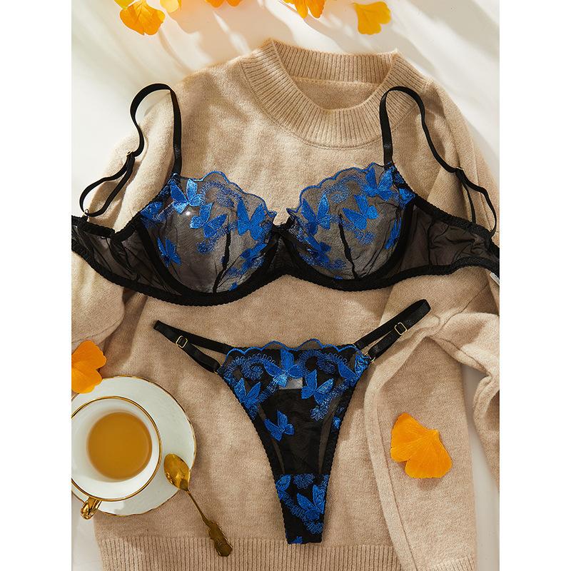 

New Lace Perspective Erotic Underwear Set Dark Green Butterfly Embroidery Sexy Pure Breast Underwear XL