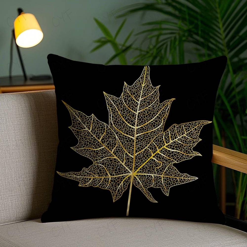 Kissenbezug mit goldenem Blatt- und Zweigmuster Milbendichter Kissenbezug Unsichtbarer Reißverschluss Seidiger Kurzplüsch Sofakissenbezug
