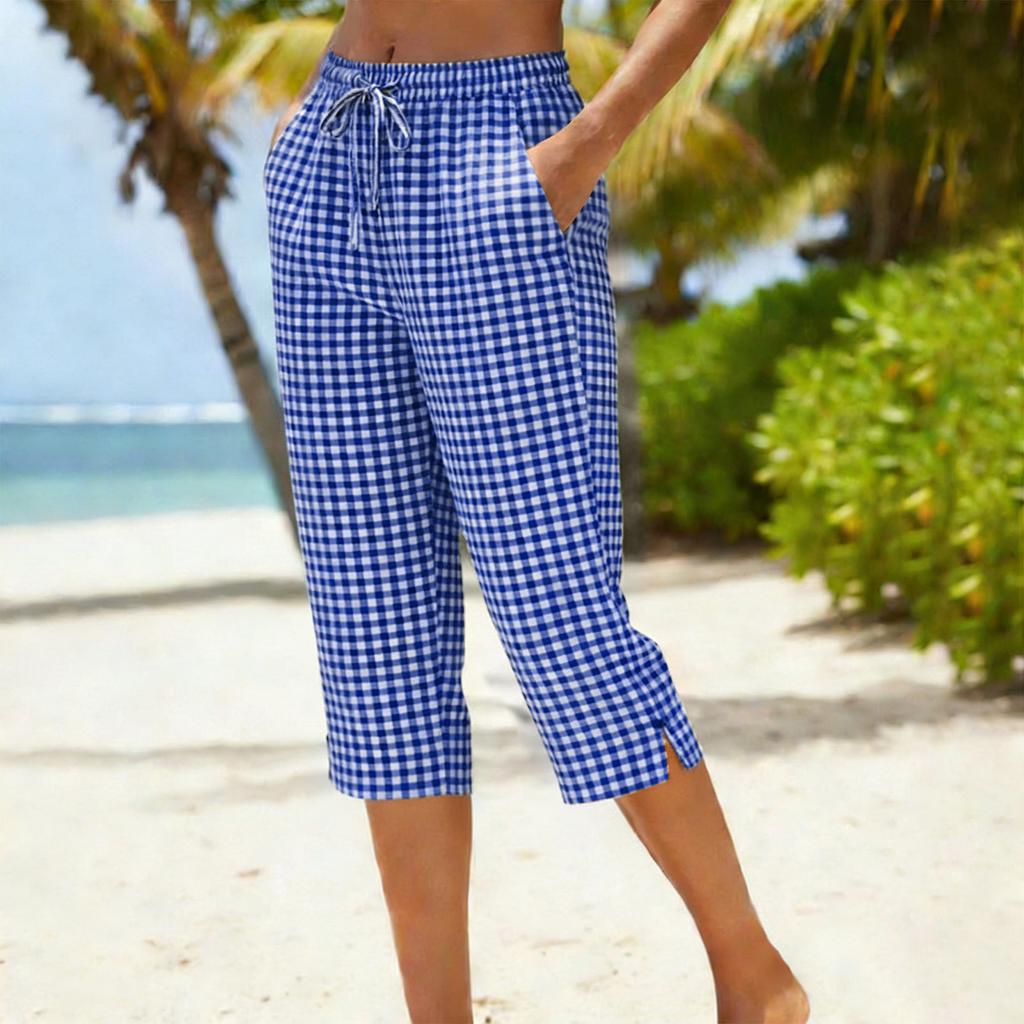 Damen Capri-Hose mit hohem Bund und Kordelzug Locker Gerade Karomuster Baumwoll-Leinen-Mischung Tasche Vintage Sommer Lässig Cropped Hose