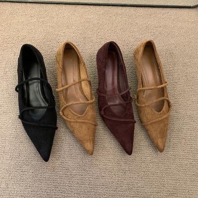 French Suede Pointed Cat Heel Light Mouth Single Shoes Women's Black Commuter Work Shoes Four Seasons Low Heel Mary Jane Shoes