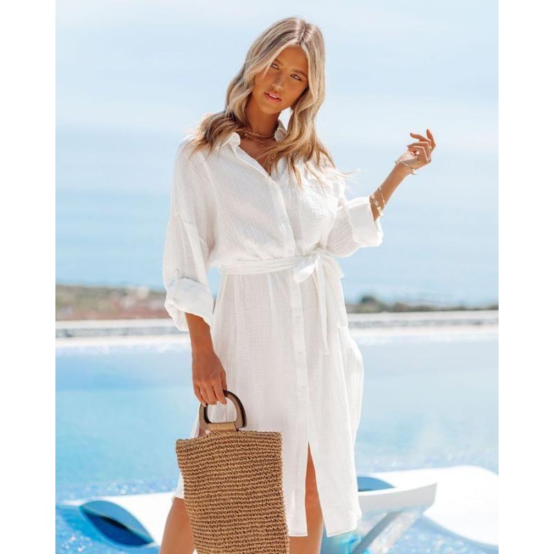 

Sanya Vacation Seaside Long-Sleeved Shirt Dress Tour White M