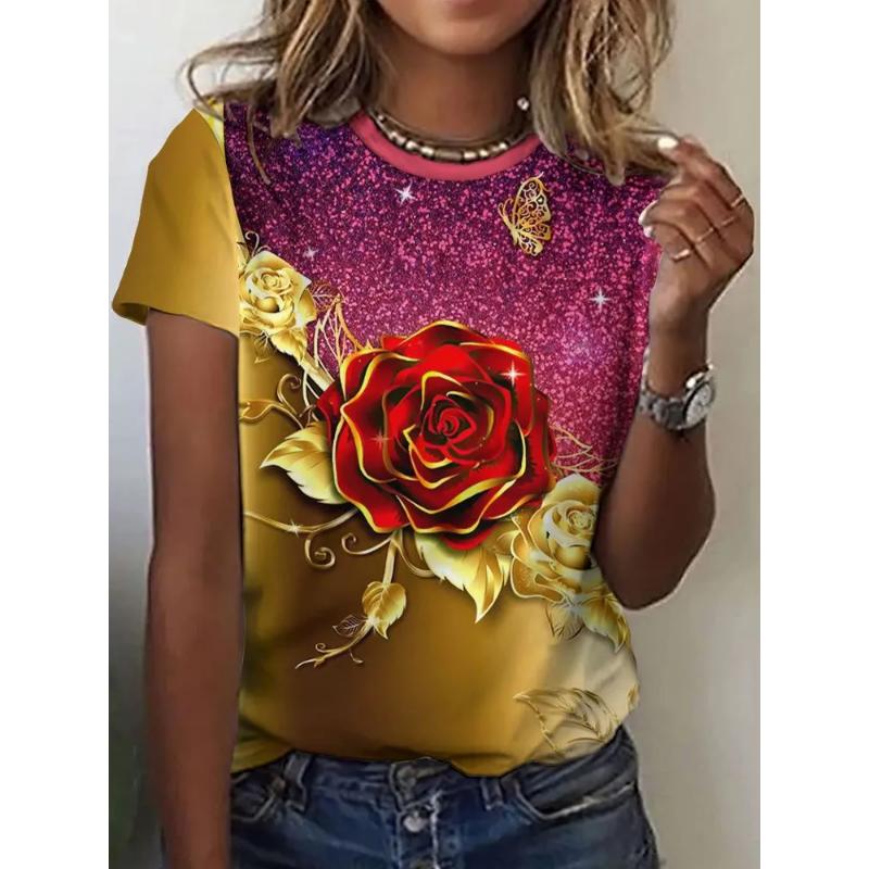 Flower Short Sleeve Fashion Women's Solid Color Flower Crew Neck T-Shirt 3D Flower Color Printing Crew Neck Short Sleeve Tees