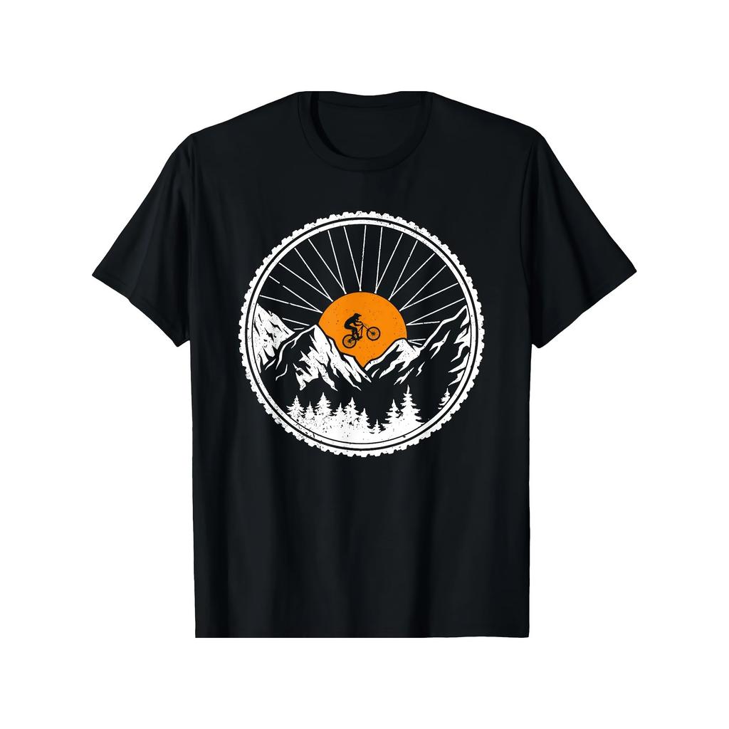 Mountainbiking Sonnenuntergang Landschaft Grafik T-Shirt Unisex Baumwolle Rundhals Freizeit T-Shirt zum Radfahren