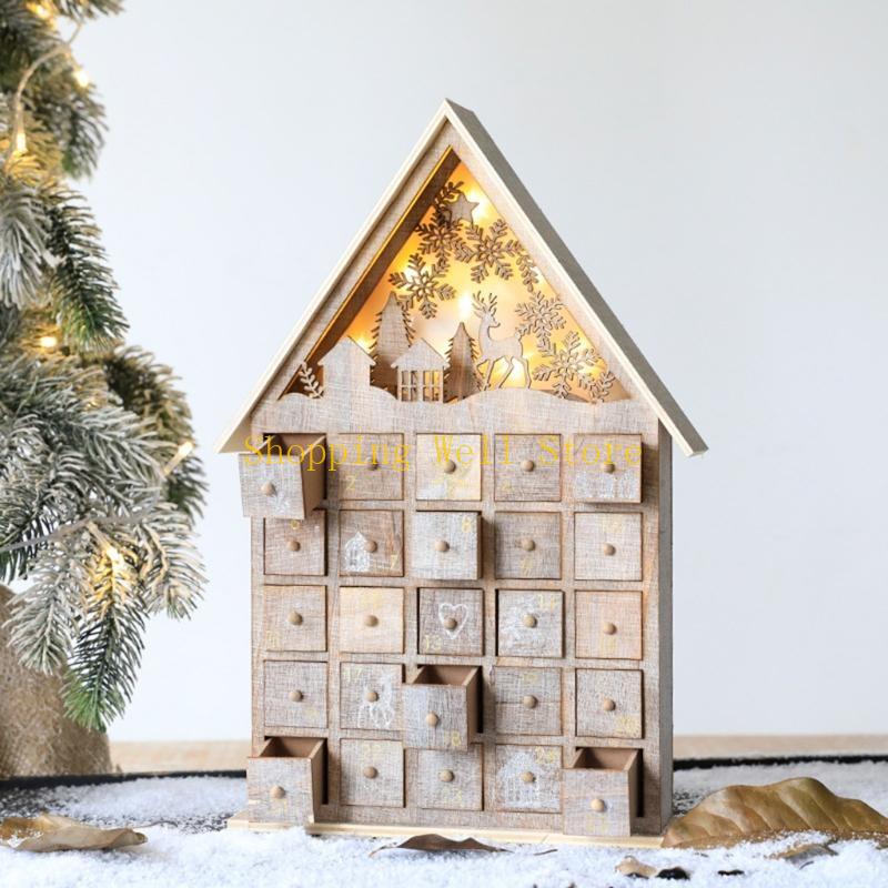 KX4B Christmas Wooden Advent Calendar House with Storage Drawers LED Lighted Countdown Number Ornament Holiday Home Desktop Gift