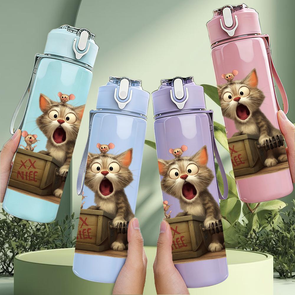 1PC Surprised Tabby Cat Bust 750ml Color Plastic Sports Water Bottle Leakproof Flip Straw Lid For Sports Office Home Use