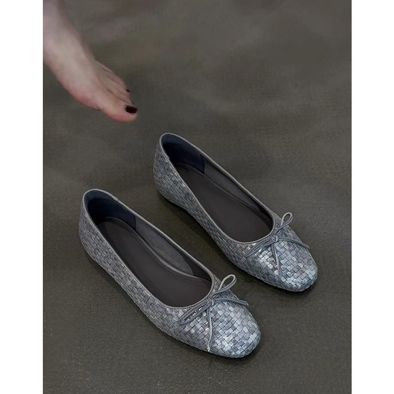 Sheepskin Version~ French Retro Bow Woven Flat-bottomed Ballet Shoes Women's Korean Version Leather Versatile Light Mouth Single Shoes