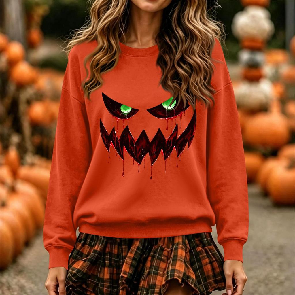 Women's Halloween Print Long Sleeve Neck Sweatshirt Fashion Casual Pullover