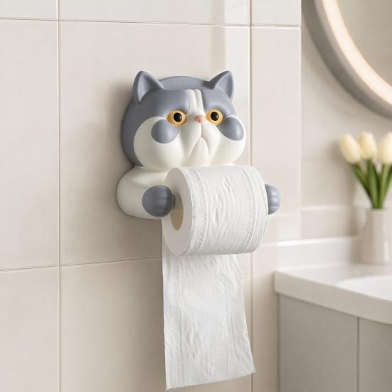 Toilet Paper Holder, Cat Shape Wall Mounted No Drilling Rack, with Phone Holder Multi-Purpose Bathroom Organizer