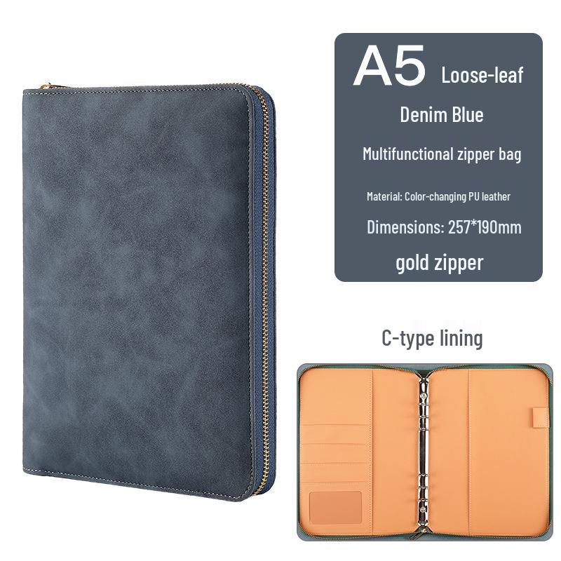 Zippered Binder Notebook - Creative Simple Business Design, Faux Leather Meeting Minutes Book, Available in A5, B5, A6 Sizes.
