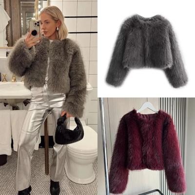 Faux Fur Jacket  Fall/Winter Fashion Women's Faux Fur Effect Round Neck Long Sleeve Short Jacket