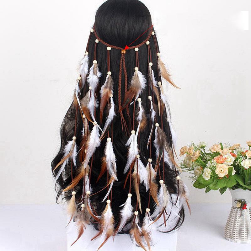 Retro Quasten Bunte Federn Stirnband Perlen Bohemian Boho Stil Kopfschmuck Verstellbar Kostüm Regenbogen Indianer Stirnband Karneval