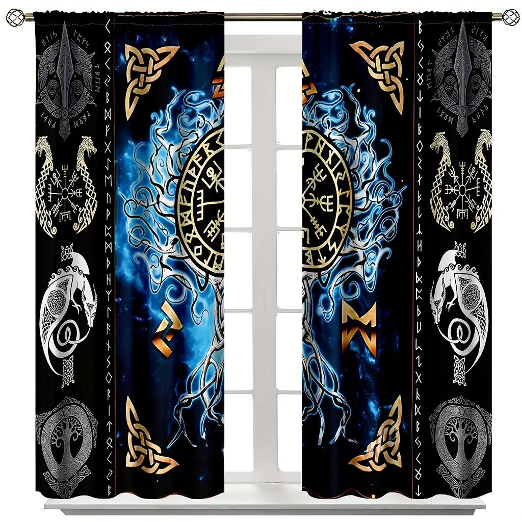 2pcs Viking-Inspired Curtains with Pirate Totem & Tree of Life Design - UV Protective, Semi-Transparent Polyester Drapes for Bed