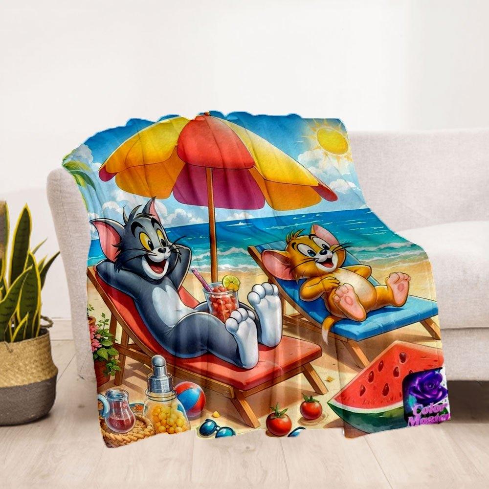 """Tom & Jerry Divertimento in Spiaggia Stampa Poster Estiva Coperta Plaid in Flanella per Divano, Letto, Viaggio, Campeggio, Ufficio"""
