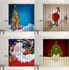 Red Christmas Shower Curtain Cartoon Santa Claus Cute Elk Green Christmas Tree White Snowland Pattern Xmas Party Decor Curtains