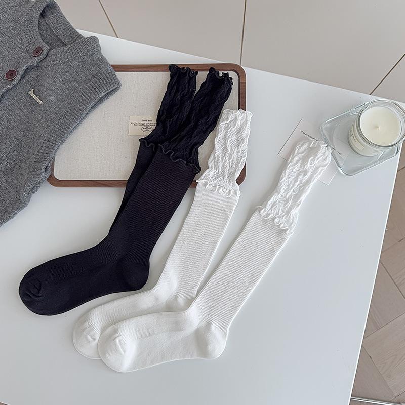 Socken im Ballettstil für Damen, Süße Patchwork-Mittelwadensocken mit Spitze, Dünner Stil für Frühling und Herbst, Niedliche schwarze, ohrenbesetzte Frotteesocken, Lolita