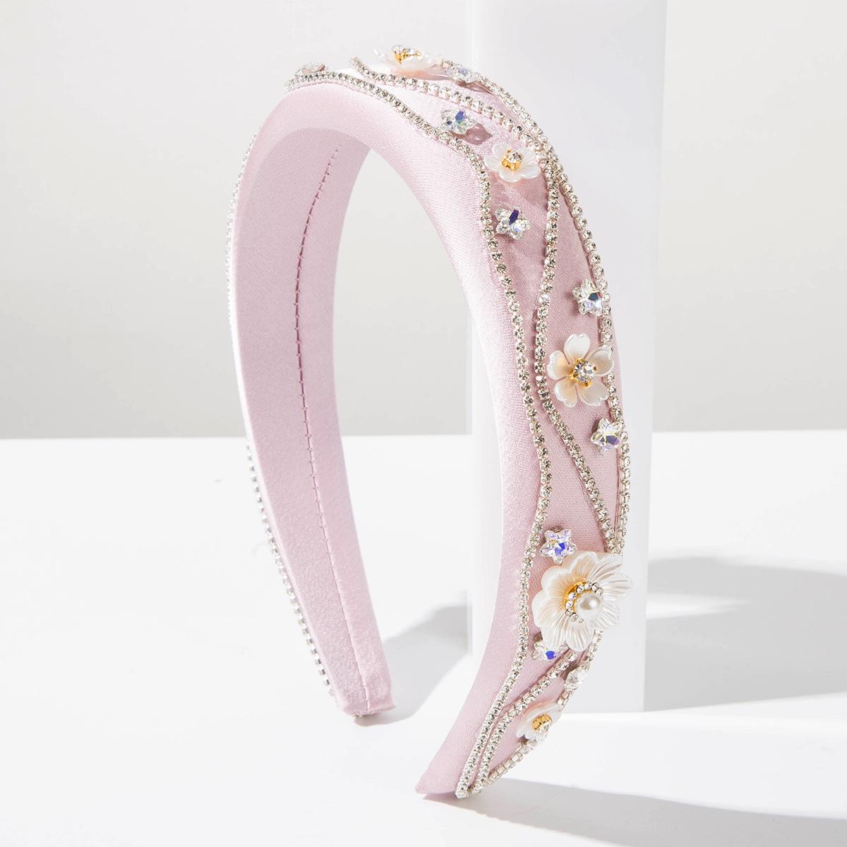 

2026 Headband Fashionable Simple Sweet Diamond Flower Wide Edge Headband Women s Senior Feeling Beautiful Versatile Hair Accessories Headgear рожевий