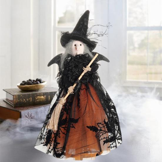 Halloween Witch Doll with Broom Small Witch Figurine with Gauze Skirt Spooky Table Centerpiece for Home Bedroom Desktop Decor
