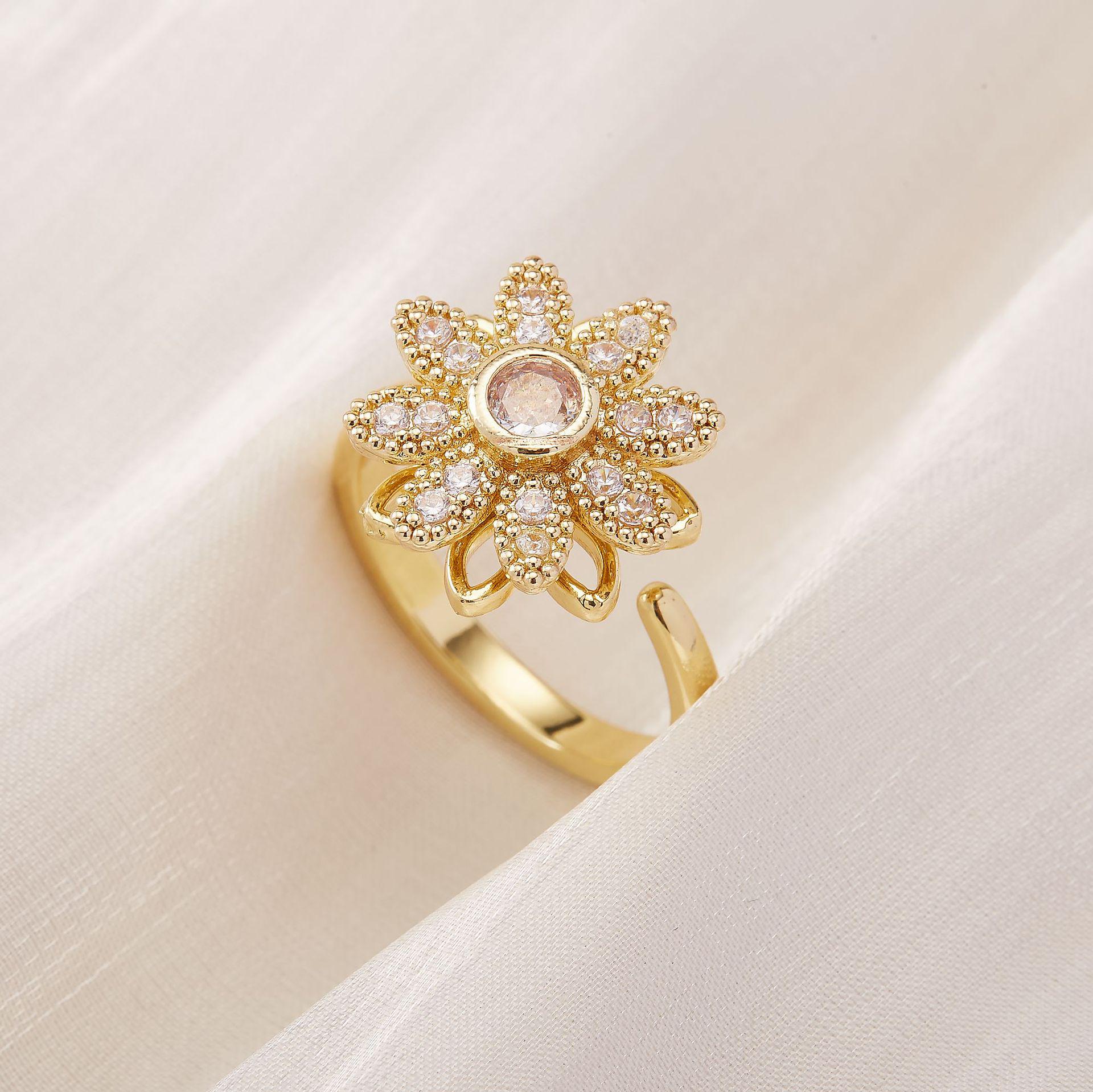 

Новое медное кольцо-подсолнух с пчелой для снятия стресса - Вращающийся циркон, открытый дизайн, Идеальный праздничный подарок для женщин Adjustable