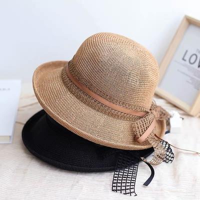 Retro Elegant Bow Ribbon Crimped Basin Hat Dome Top Hat Shading Breathable Fisherman Straw Hat Women's Summer