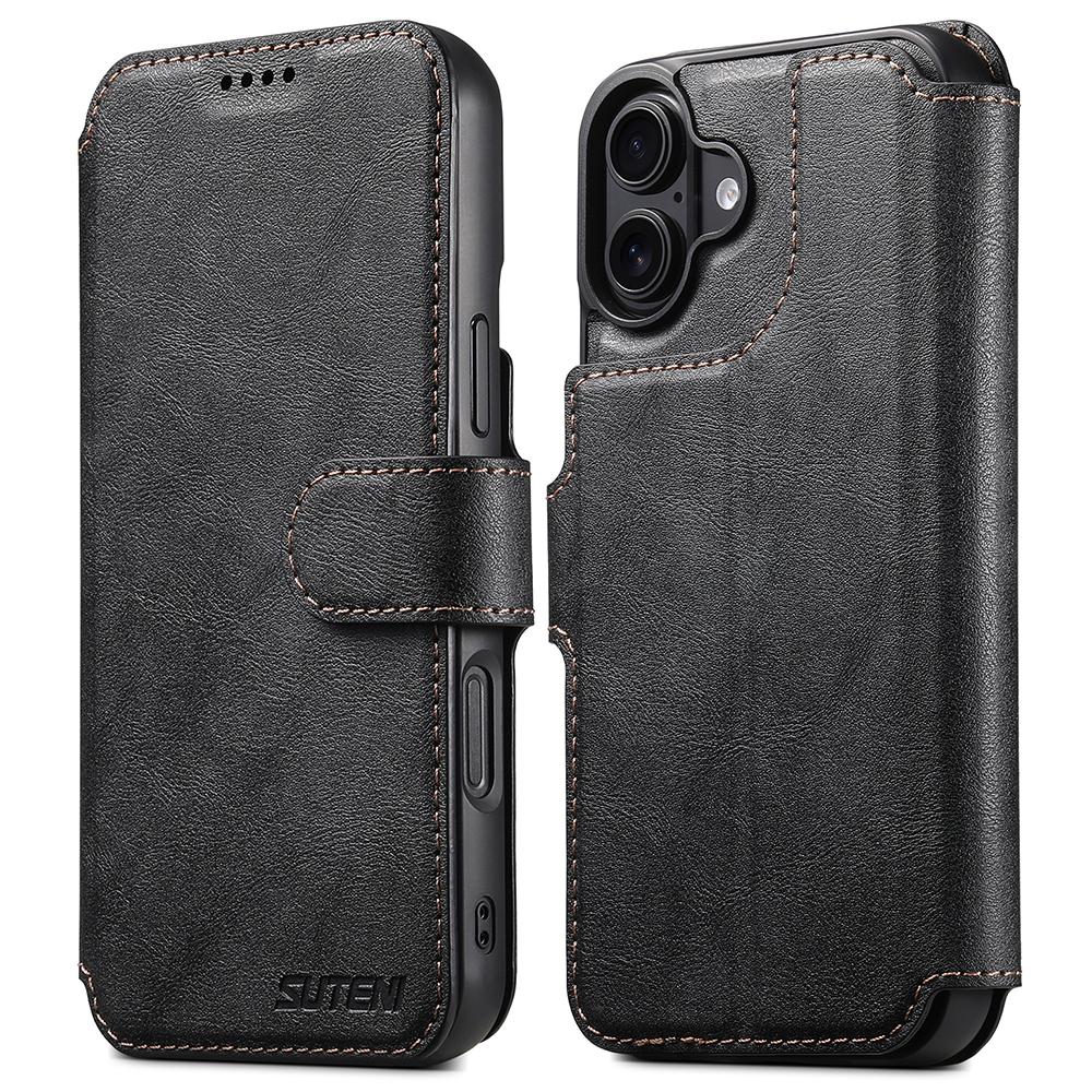 

SUTENI Q-05 For iPhone 16 Wallet Case 2 in 1 Detachable Leather Flip Phone Cover with Stand Black