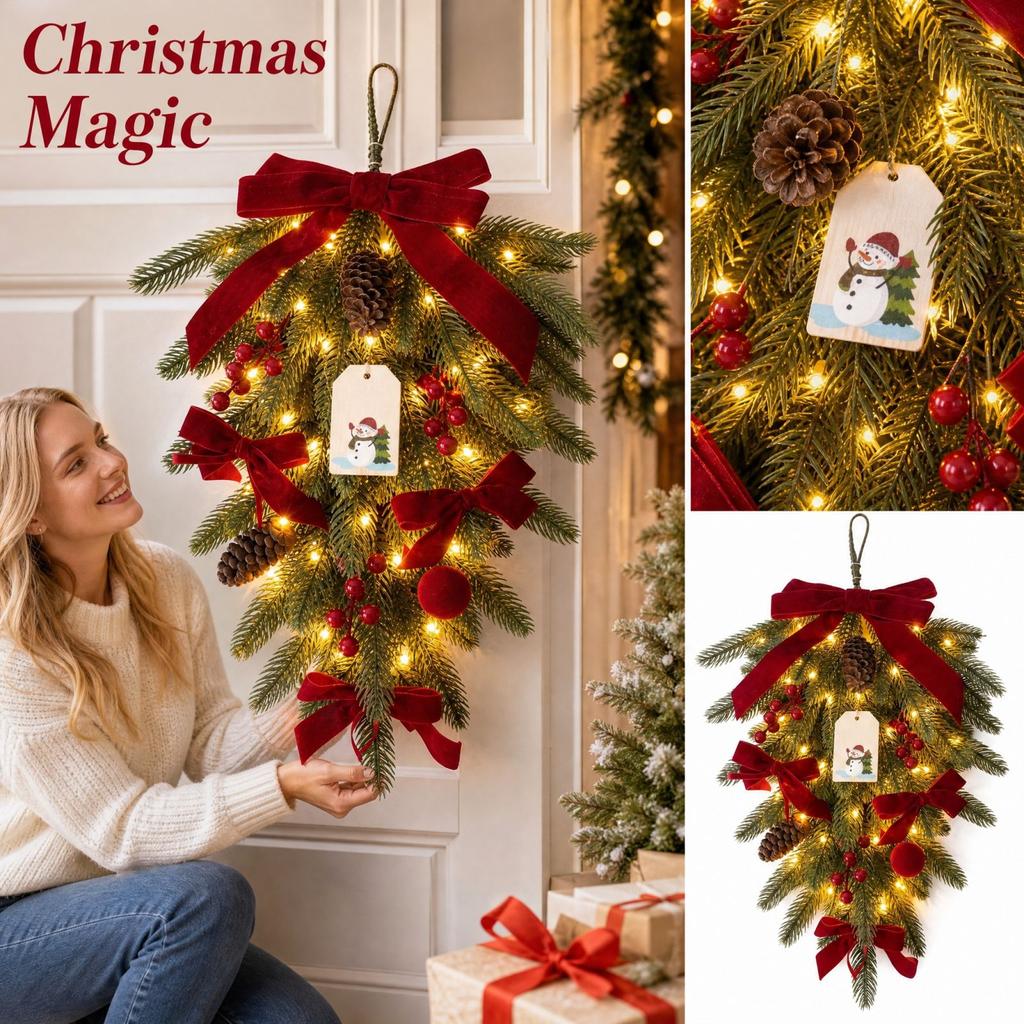 Down Christmas Tree Hanging Decoration with Teardrop Ornaments for Door Window Hotel Mall