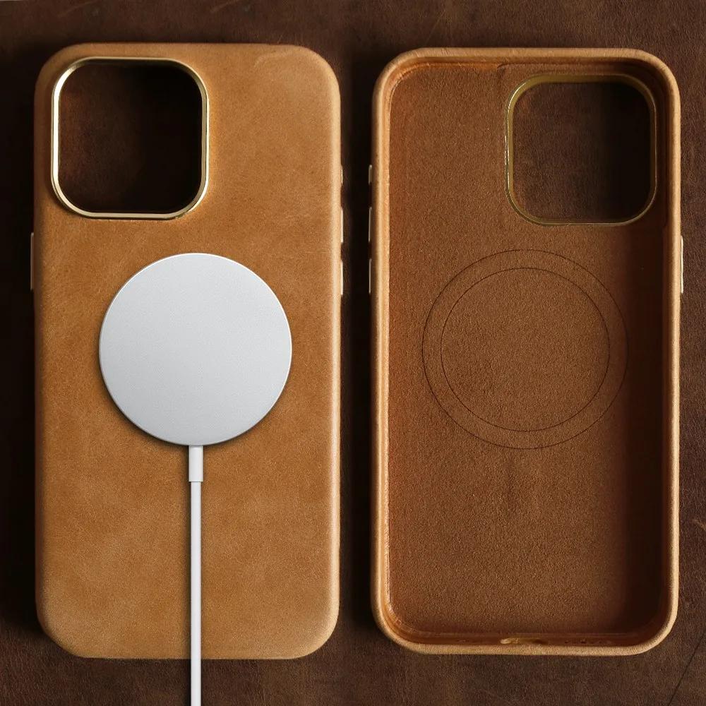 Luxury for Iphone15 Pro Max Magsafe Genuine Leather Cover Magnetic for Funda Iphone14Pro 13pro Full Coverage Carcasa Phone Coque