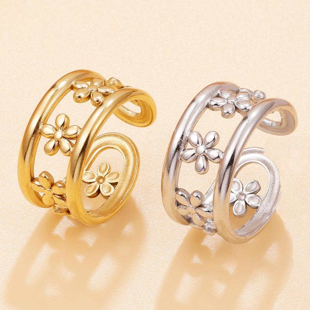 Chic 18K Gold-Plated Stainless Steel Floral Ring - Versatile Hollow Flower Design